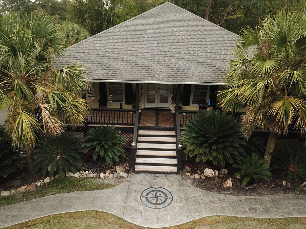 Aerial view of a stamp overlay concrete project by Decorative Concrete Designs