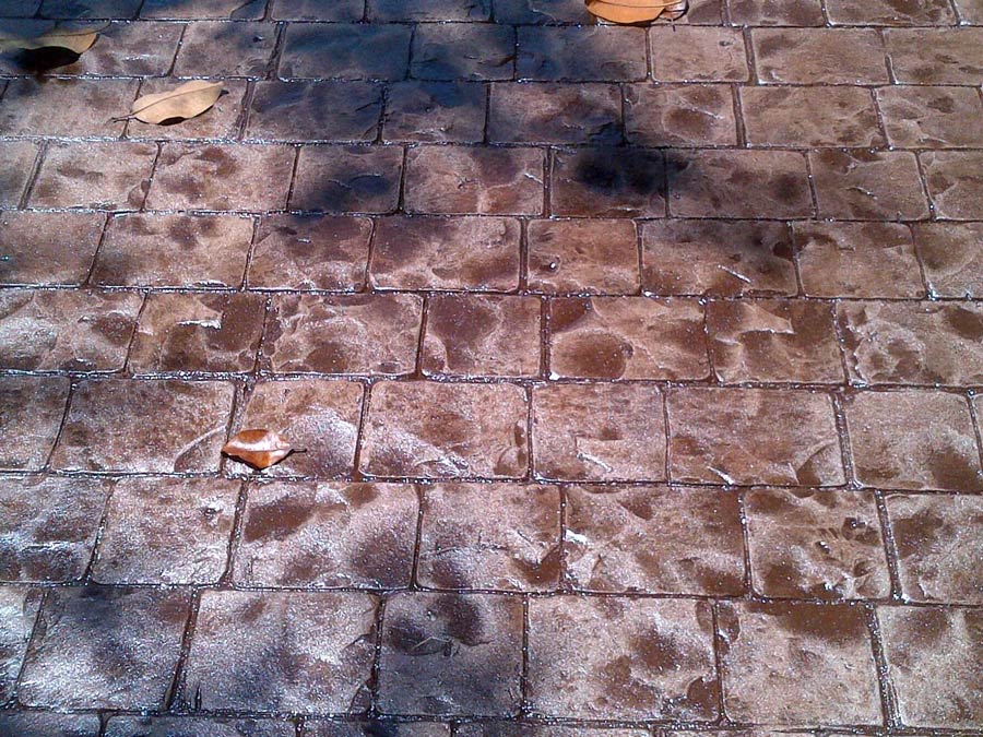 Stamped and stained concrete surface in an ashlar slate pattern