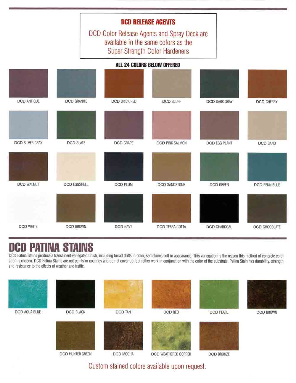 DCD Release Agents and DCD Patina Stains color chart from Decorative Concrete Designs