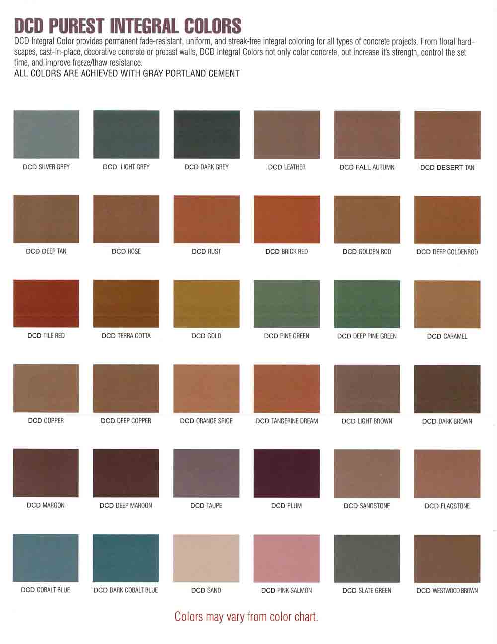DCD Purest Integral Colors color chart from Decorative Concrete Designs