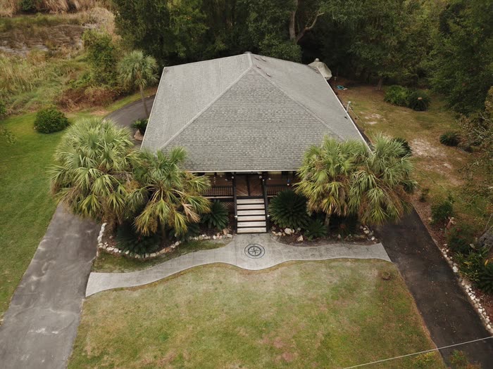 Aerial view of a finished concrete project by Decorative Concrete Designs